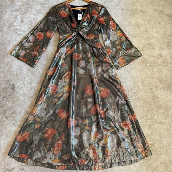 Anthropologie Caballero Metallic Floral Deep V-Neck Maxi Dress Brown Motif - Picture 7 of 16